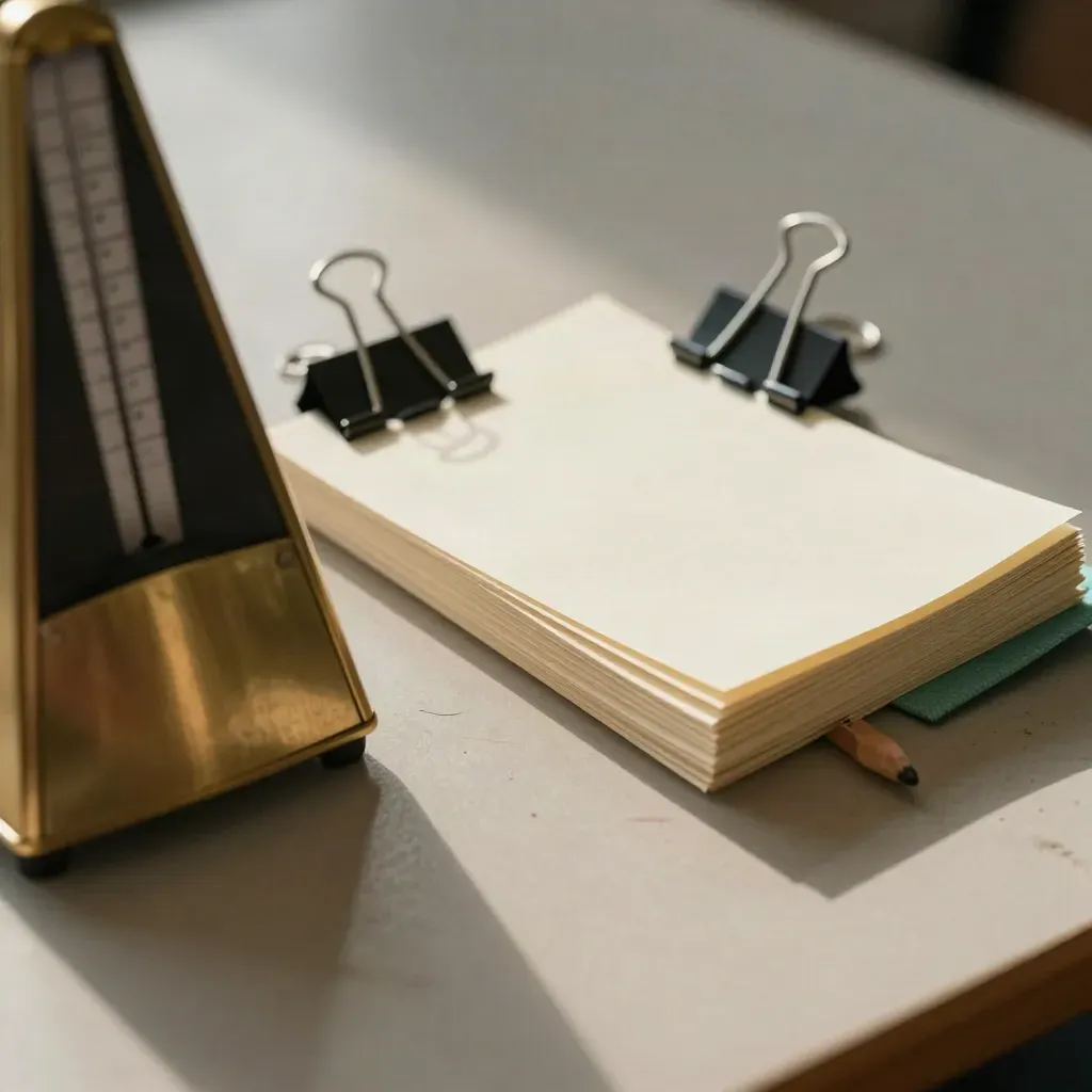 Brass metronome base, fanned index cards and binder clips on pale wood in soft classroom light.