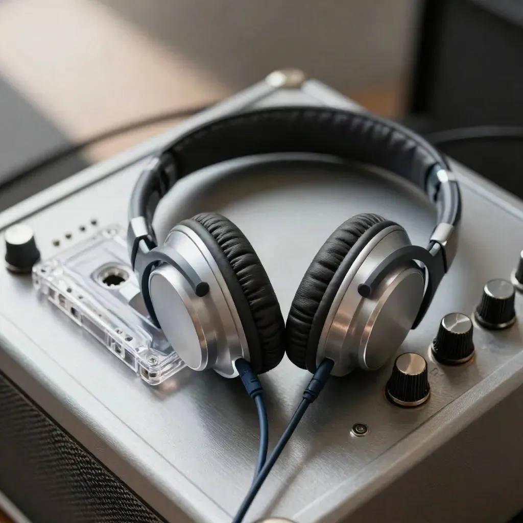 Macro still life of headphones, halfway-ejected cassette and amp knobs on brushed metal.