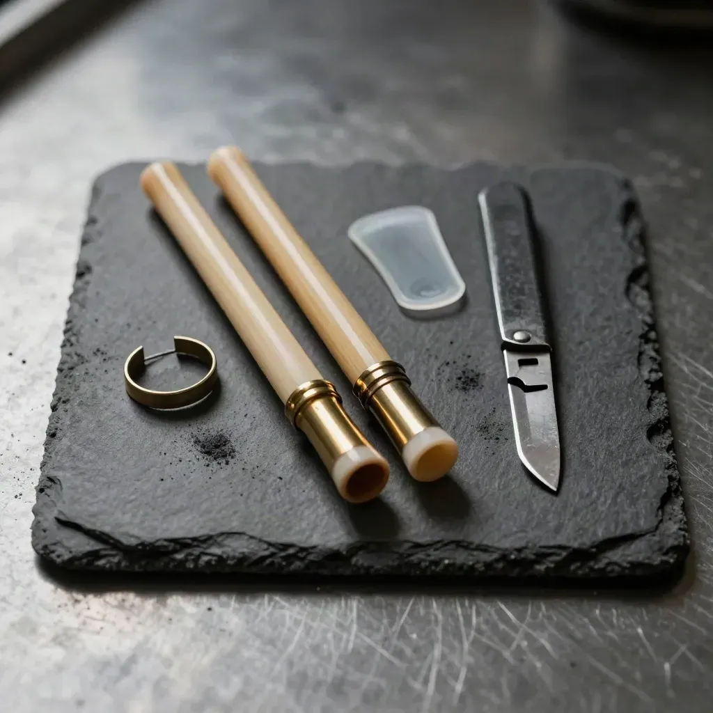 Overhead sax reed tools arranged on charcoal slate: reeds, ligature, patch and knife.