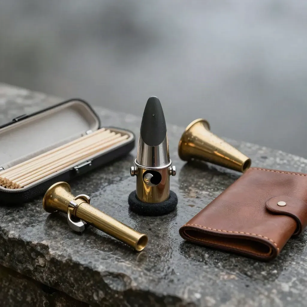 Polished tenor sax mouthpiece with reeds, neck crook, tuning fork and leather folio on dark stone.