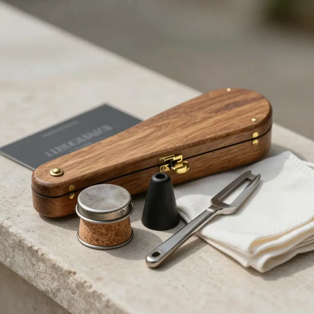 Macro jazz maintenance still life on pale stone: reed case, grease tin, cap, tuning fork, cloth.