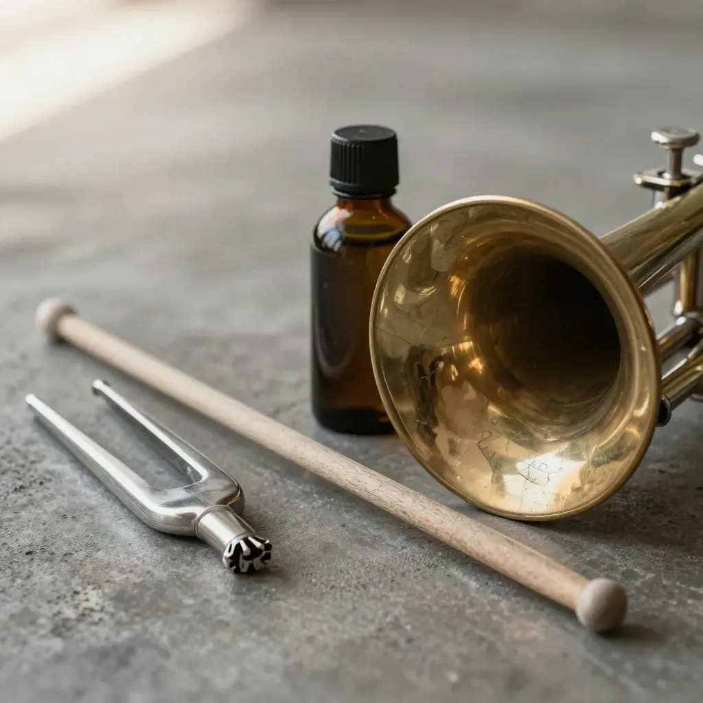 Trumpet mute, valve oil, tuning fork and baton on brushed concrete in dramatic studio light.