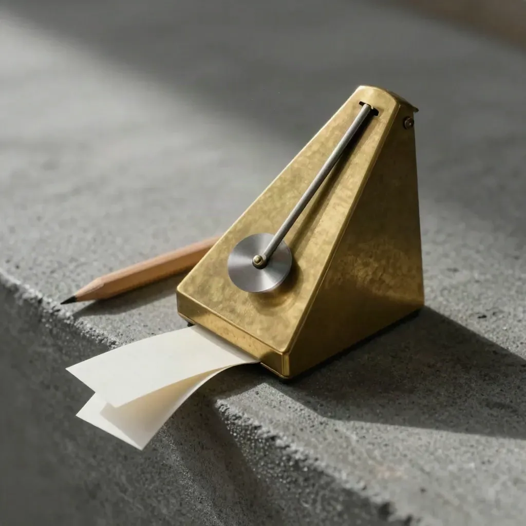Brass metronome mid-swing with pencil and rehearsal tabs on graphite stone.