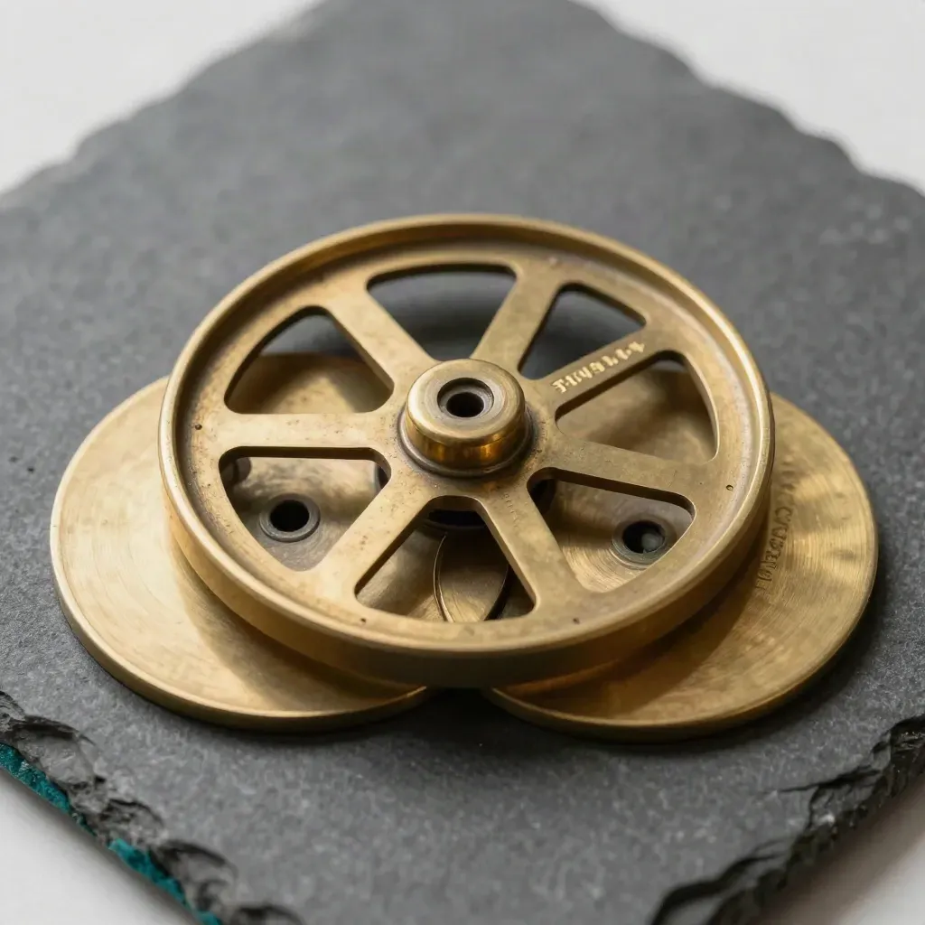 Brass circle-of-fifths wheel with two aligned discs on dark stone