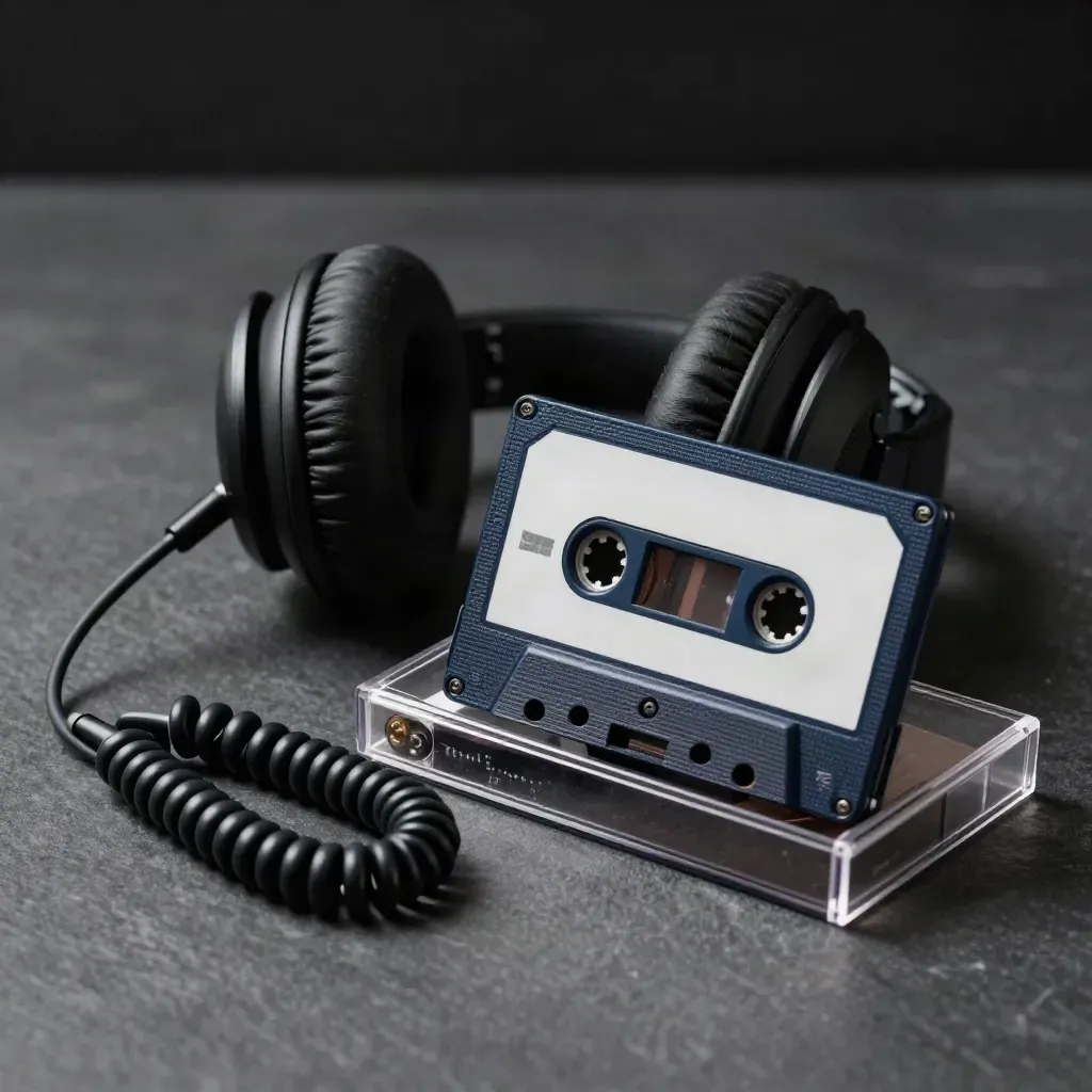 Cassette tape, coiled cable, and over-ear studio headphones on a graphite stone surface.