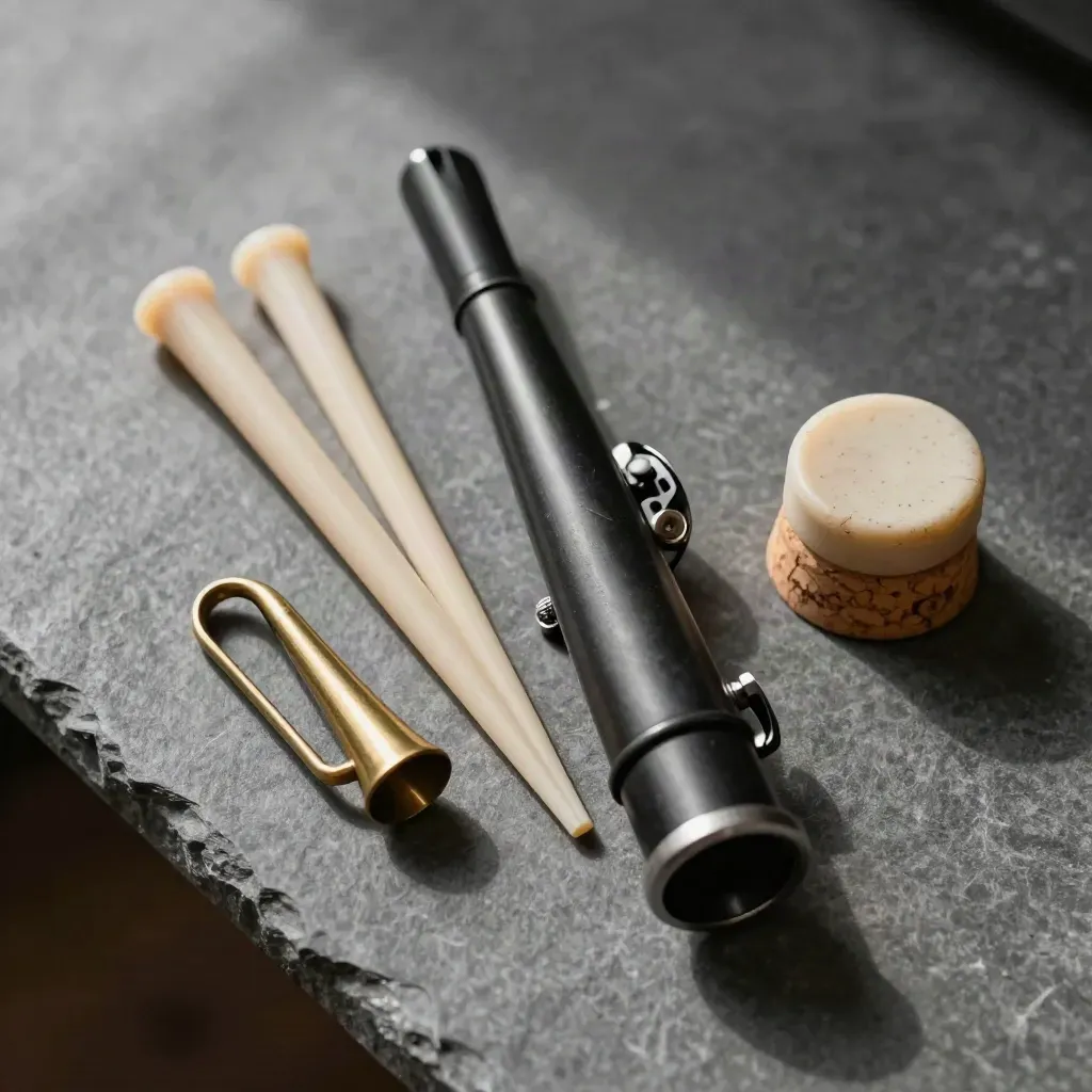 Mouthpiece, two reeds, ligature, and cork grease tin on graphite stone, top-down still life.