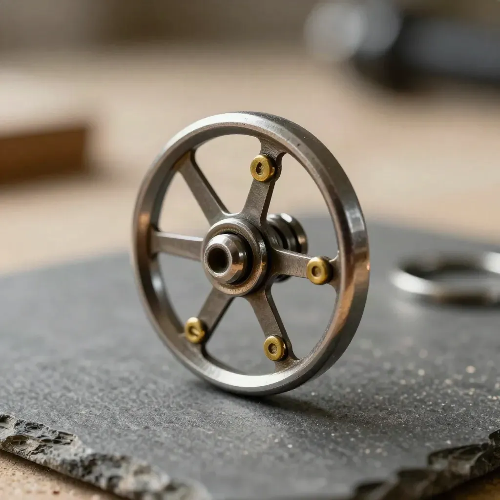 Macro of a metal transposition wheel with brass markers and clarinet barrel ring on stone
