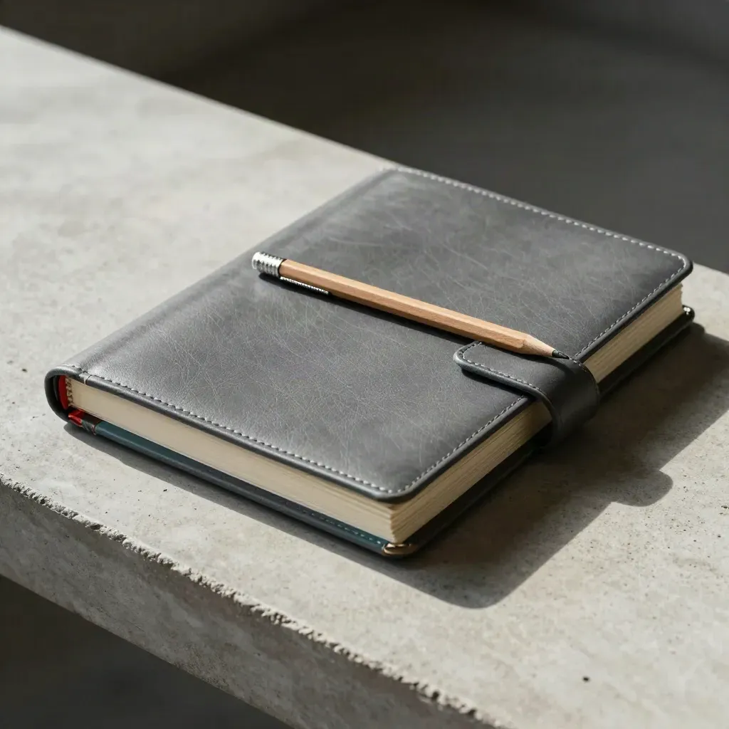 Closed lesson binder with tabs, clips, and pencil on pale concrete