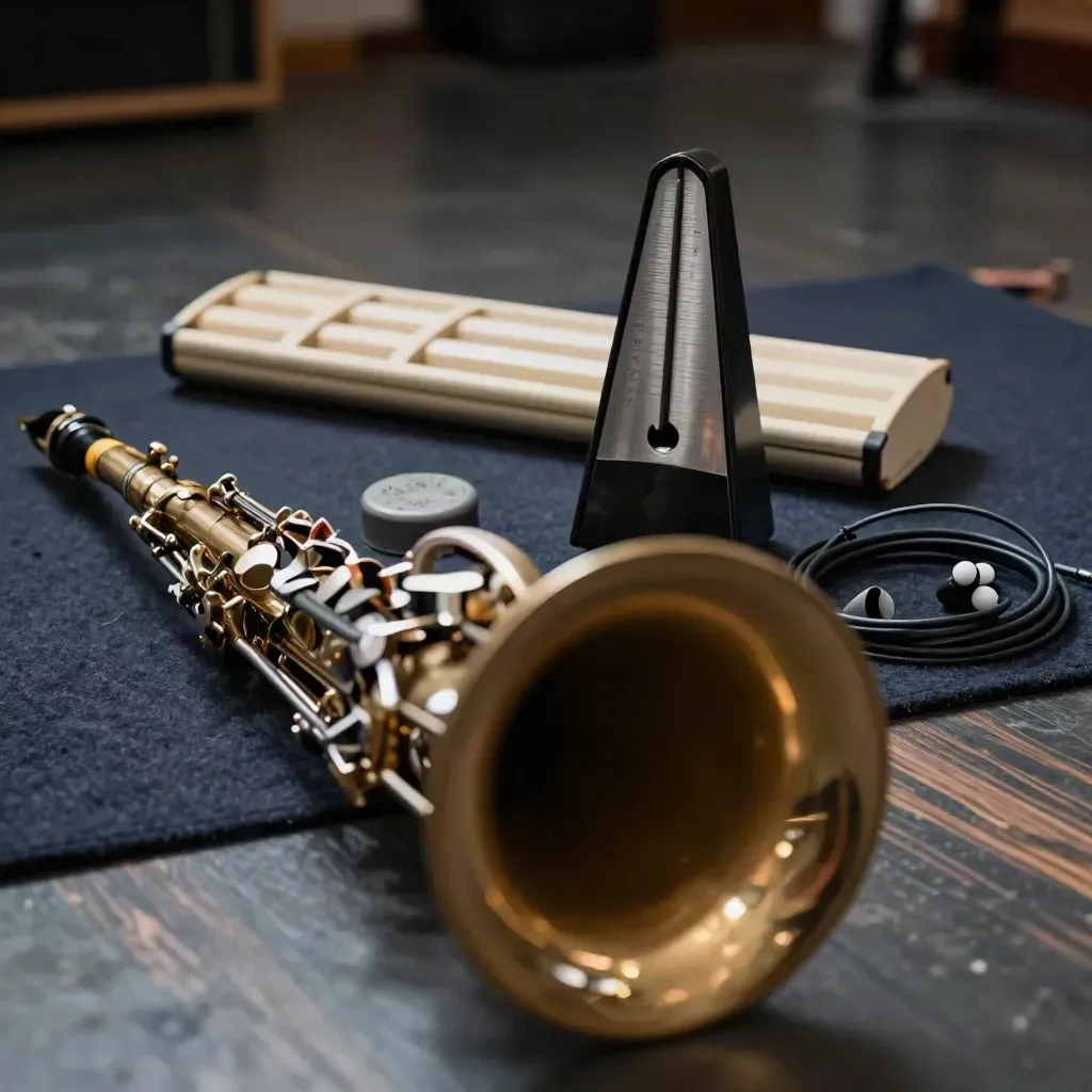 Sax practice kit beside a blurred bell, with reed case, metronome, cap, and earphones on a hazy floor.