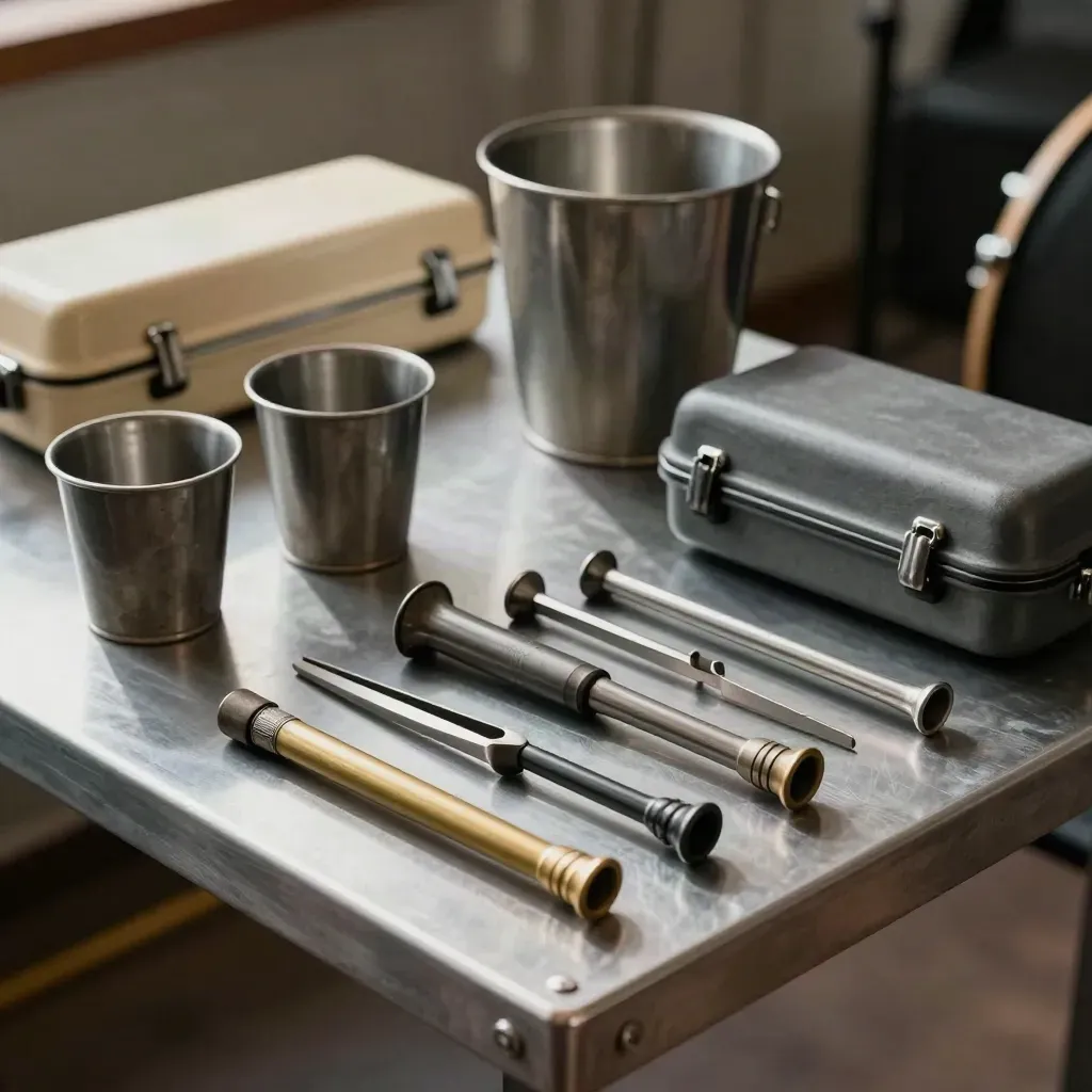 Brass mutes, reed cases, tuning fork and stand clips arranged on brushed metal.