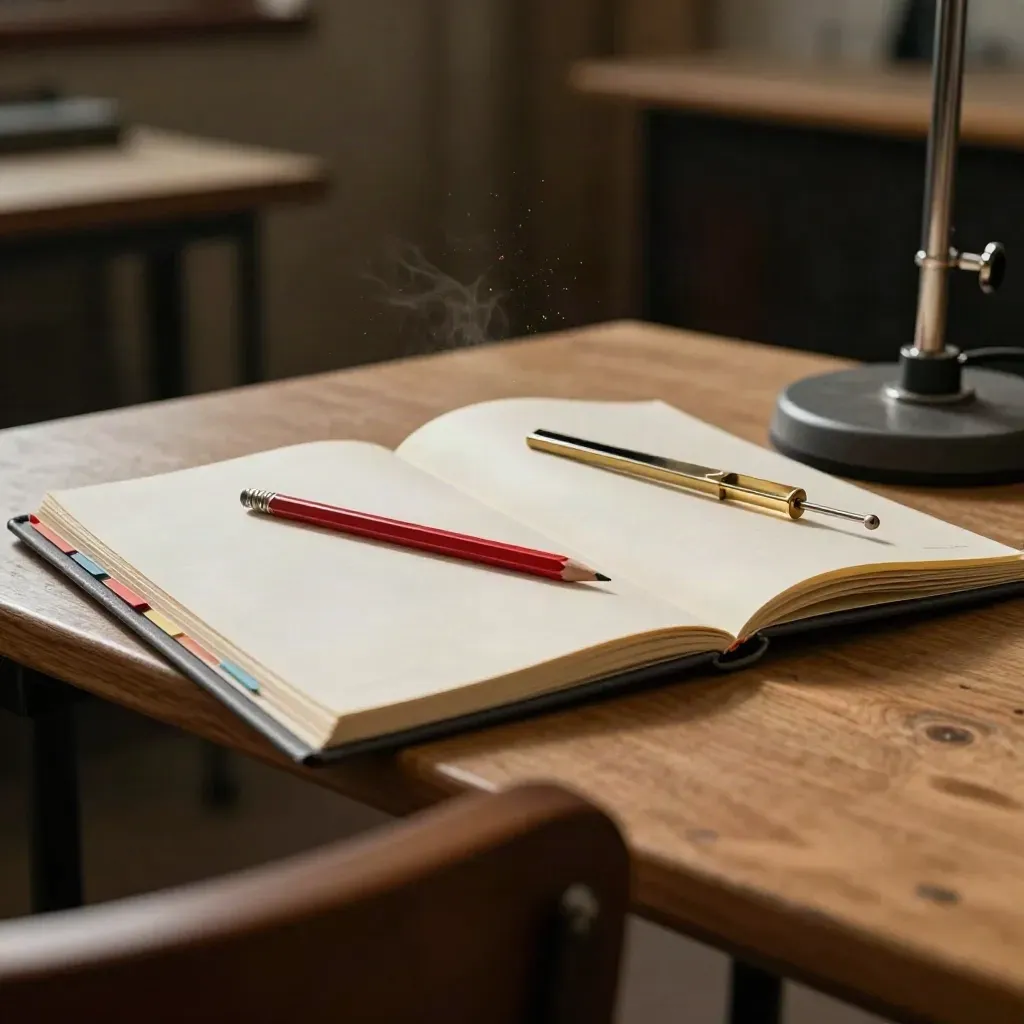 Jazz teacher lesson folder, pencil, tuning fork and stand light base in a dim rehearsal room
