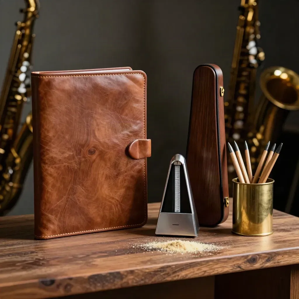 Closed conductor folder, ticking metronome, reed case and brass pencil holder on a walnut shelf.