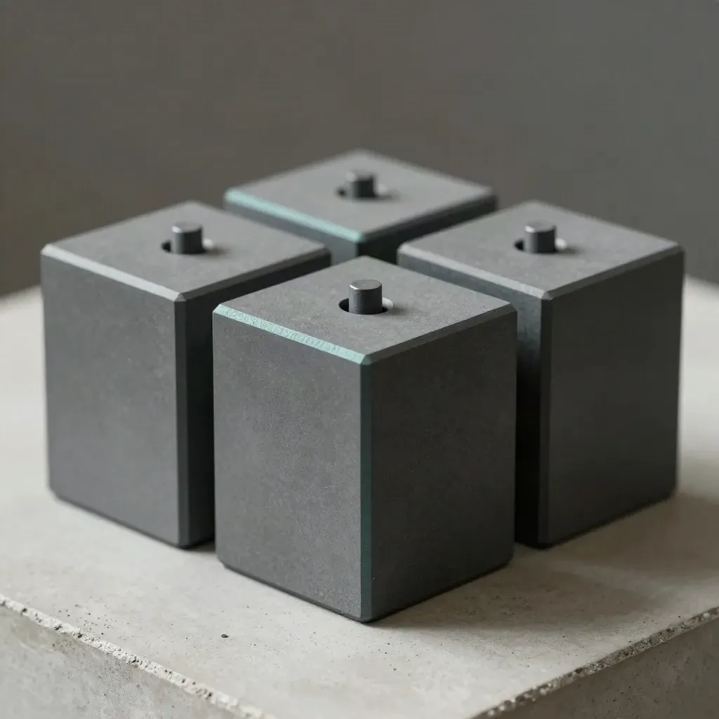 Graphite modular blocks and a half-seated peg on pale concrete, lit with dramatic haze