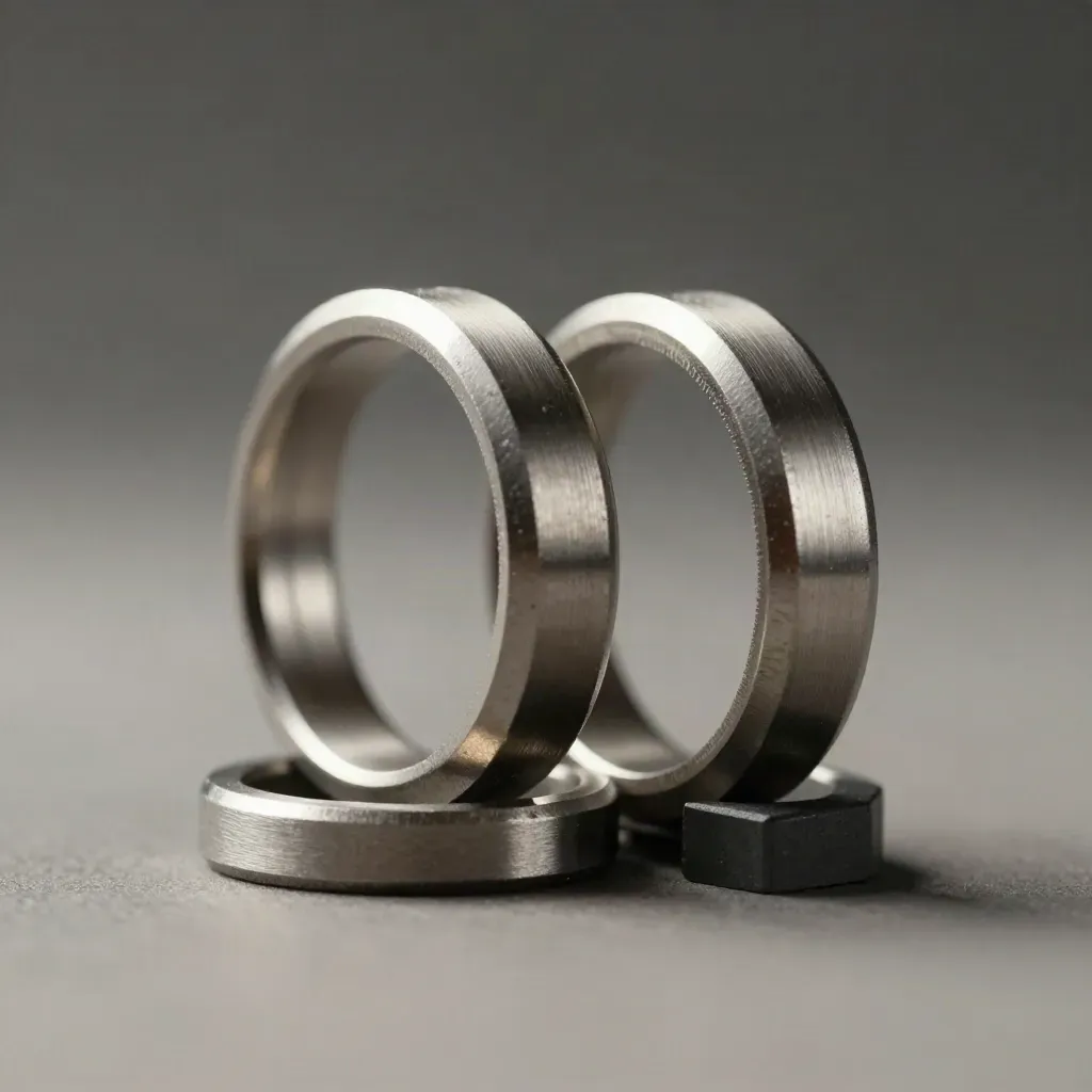 Macro steel connector rings and block spacer on brushed graphite, lit with soft rim light.