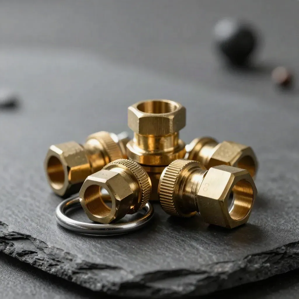 Brass couplers and adapters on dark slate in a premium macro still life