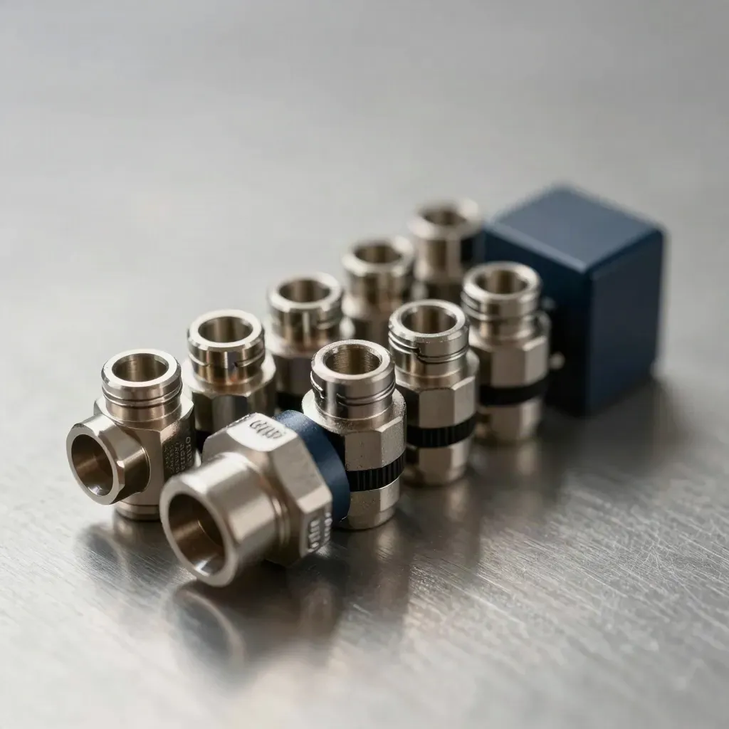 Top-down cluster of cable connectors and a modular block on brushed aluminium with soft daylight